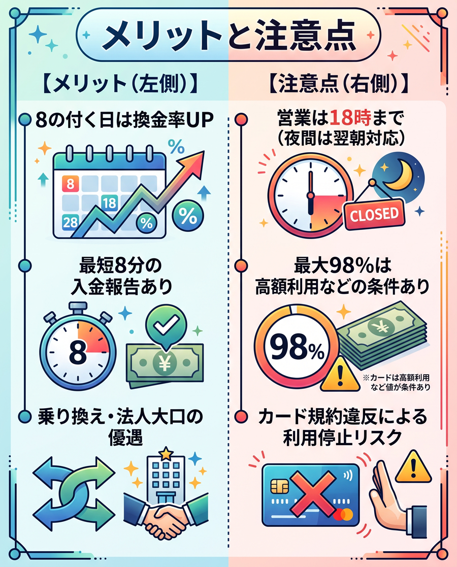 88キャッシュのメリットと注意点の比較図。換金率アップやスピード入金のメリットに対し、営業時間やカード規約違反リスクの注意点を対比。