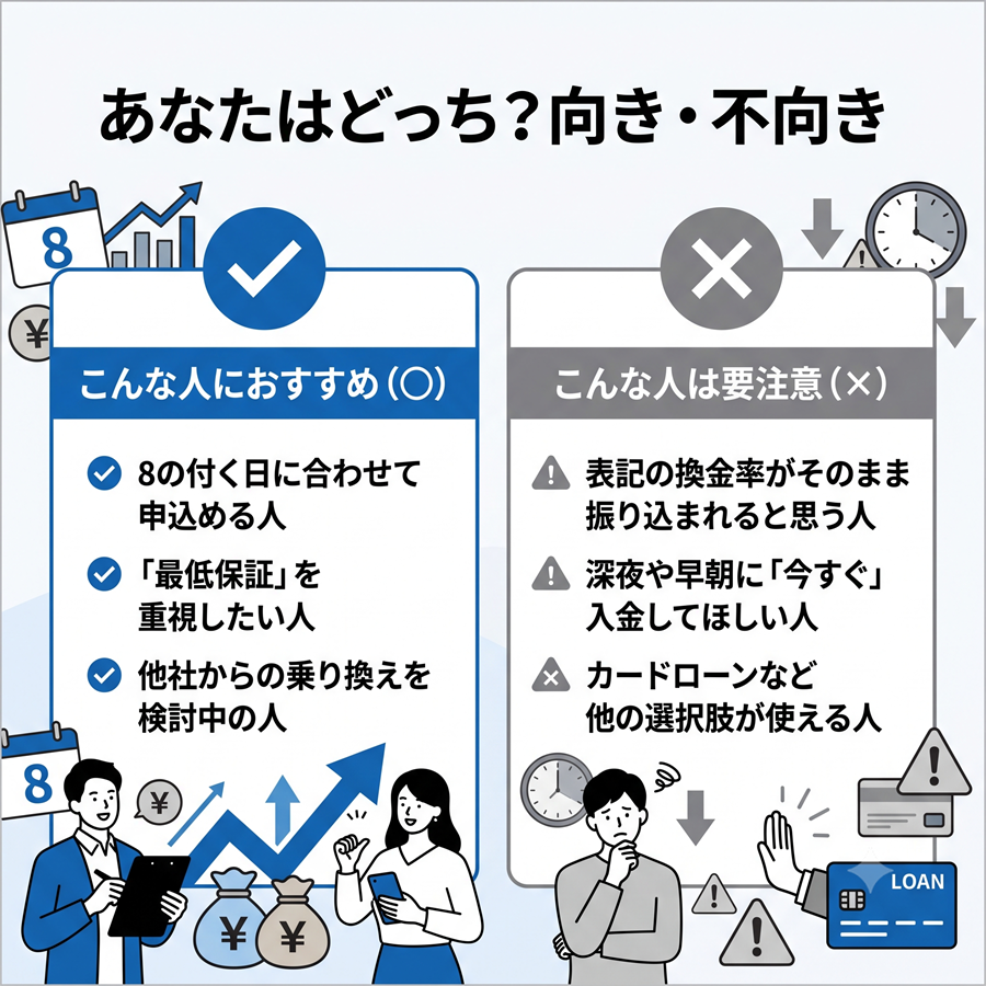 88キャッシュに向いている人と向かない人のチェックリスト。8の付く日を狙える人向け、深夜即金を求める人には不向きなどを図解。