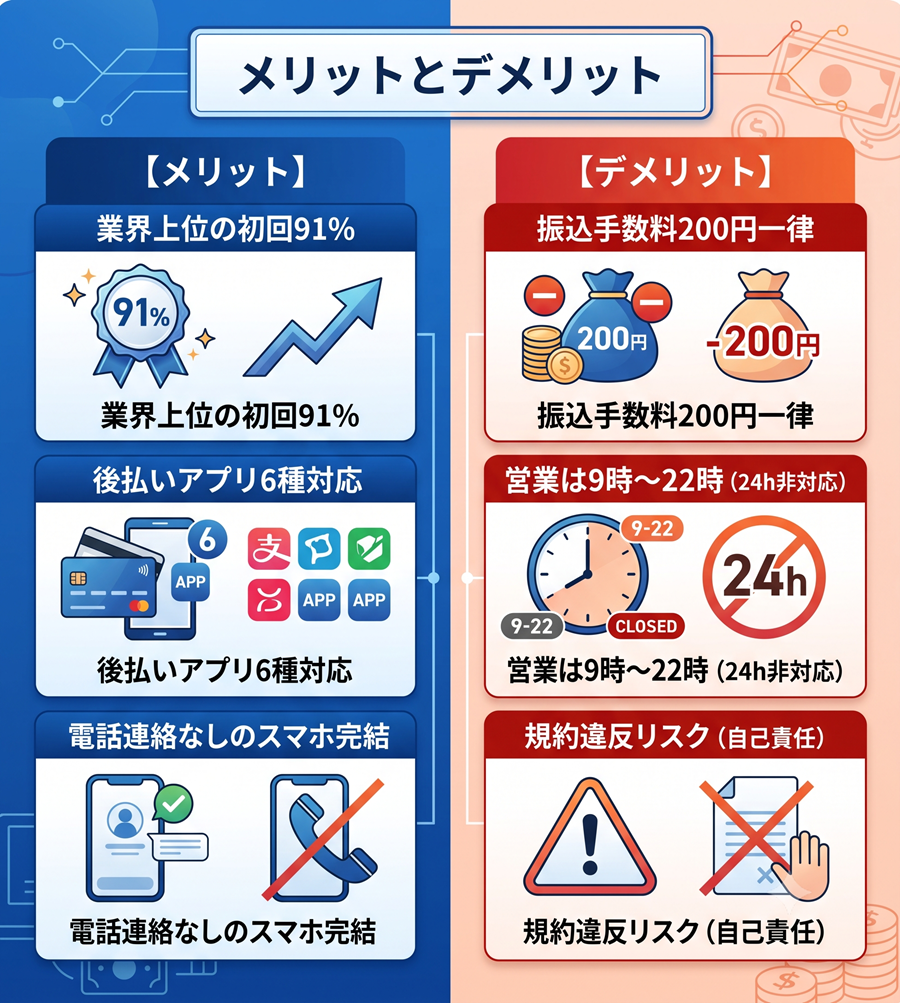 バンクレジットのメリットとデメリットを比較図解。初回高還元や電話なしの利点と、手数料や規約リスクの注意点を対比
