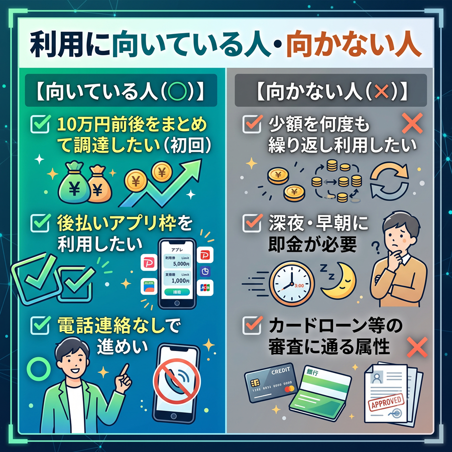 バンクレジットに向いている人と向かない人を対比。10万円前後の初回利用に向く一方、少額リピートには向かない点を解説