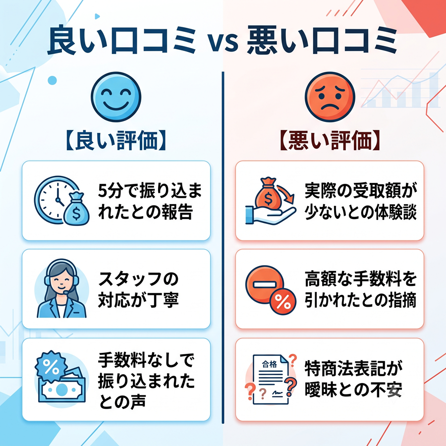 ブリッジ現金化の良い口コミと悪い口コミを比較図解。振込スピードや対応の良さに対する評価と、手数料や受取額に対する不満を対比