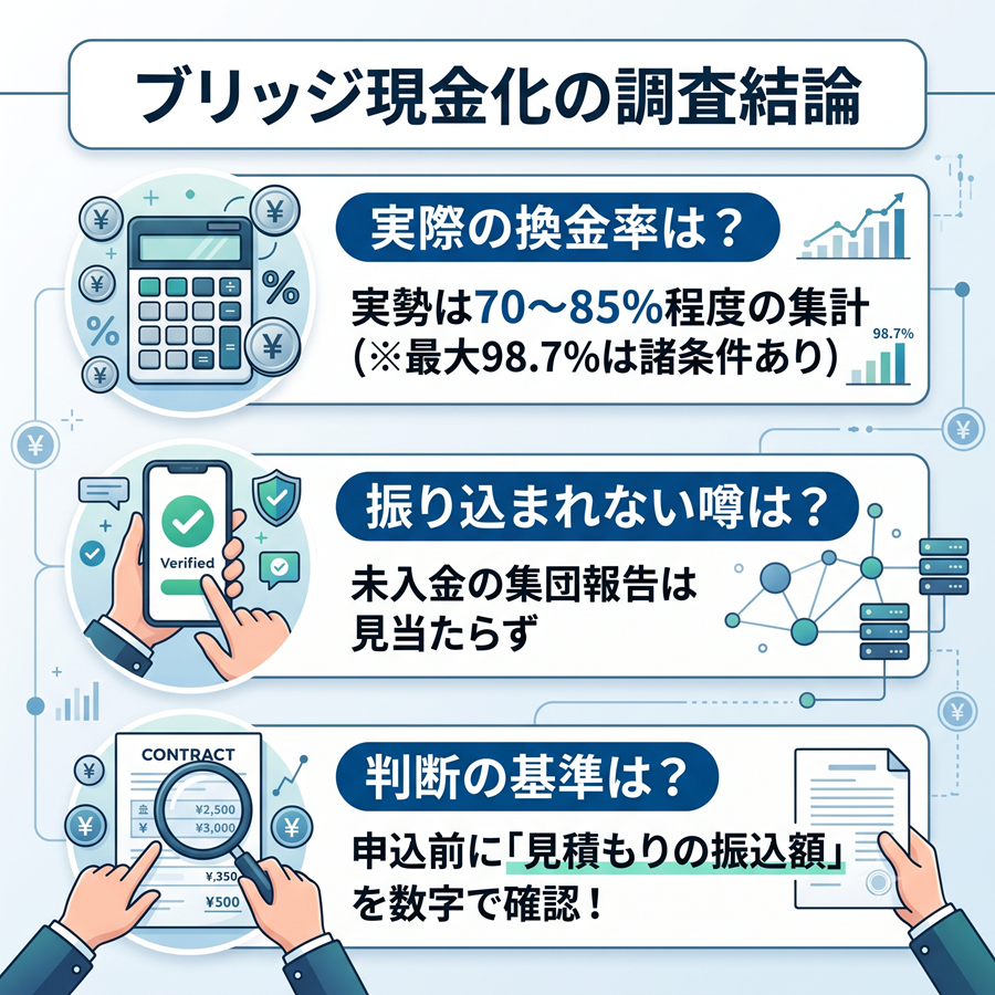 ブリッジ現金化の調査結論を図解。実勢換金率の目安、未入金報告の有無、申込前の見積もり確認の重要性を整理