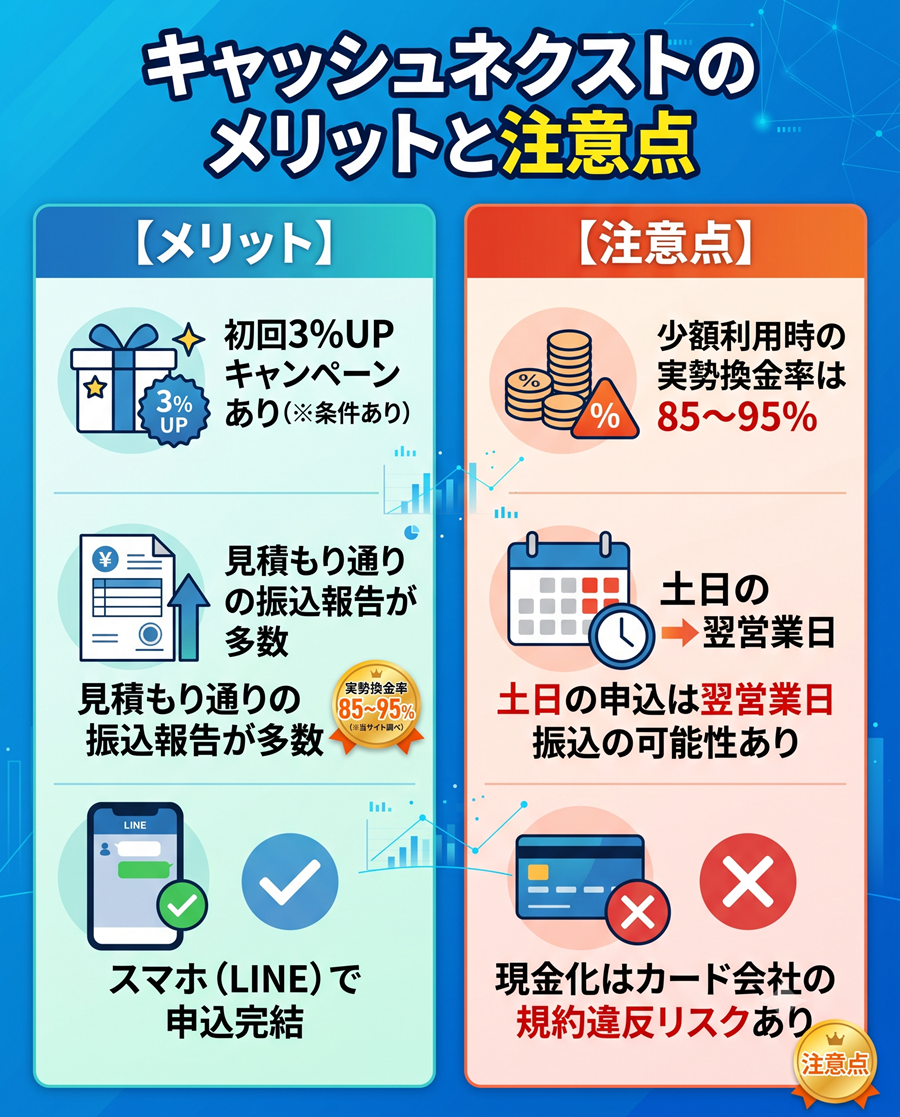 キャッシュネクストのメリットと注意点を図解。キャンペーンや手軽さの反面、実勢換金率や規約違反リスクがあることを対比