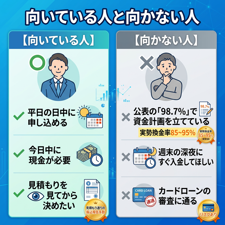 キャッシュネクストに向いている人と向かない人を図解。平日日中急ぎの人に向く一方、深夜対応希望や高換金率を前提とする人には不向きであることを整理