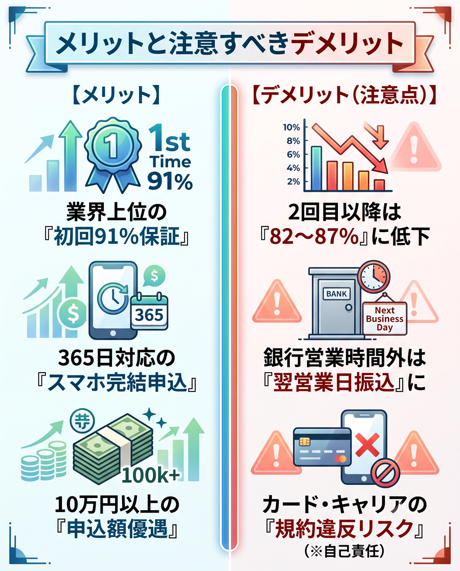 キャッツマネーのメリットとデメリットを比較図解。初回91%保証やスマホ完結の反面、換金率低下や規約違反リスクがあることを整理