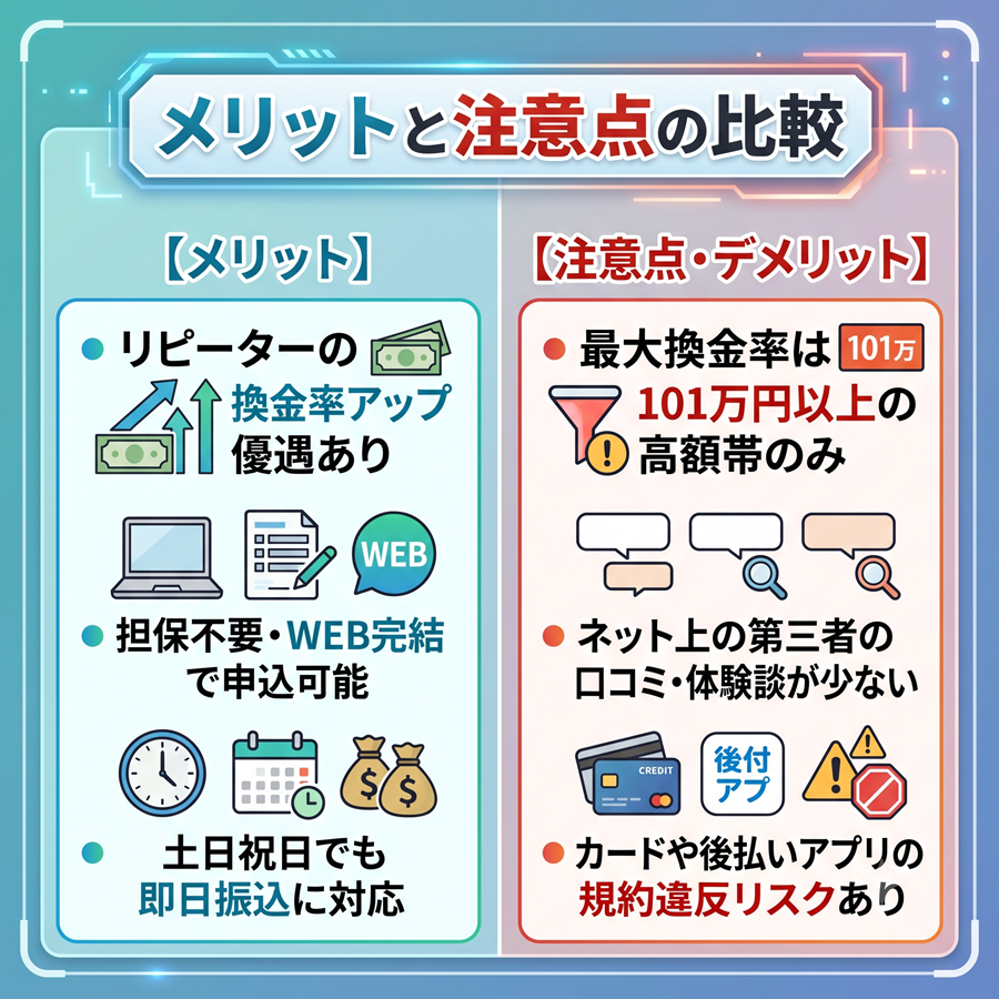 ダッシュマネーのメリットと注意点を図解で比較。リピーター優遇や即日振込の反面、高額帯のみの最大換金率や規約違反リスクがあることを整理。