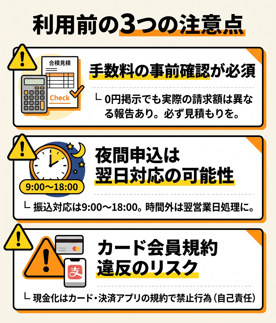どんなときも。クレジットの3つの注意点。手数料の事前確認、夜間申込の翌日対応、カード会員規約違反のリスクについて