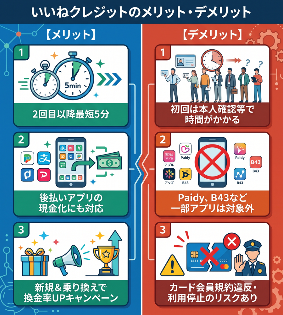 いいねクレジットのメリットとデメリットの比較図。スピードや対応アプリの広さと、初回時間増・対象外アプリ・規約違反リスクを対比