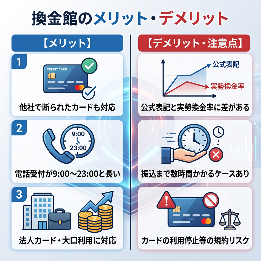 換金館のメリットとデメリットの比較図。カード対応の広さ等のメリットと、換金率の差や規約リスク等のデメリットを対比