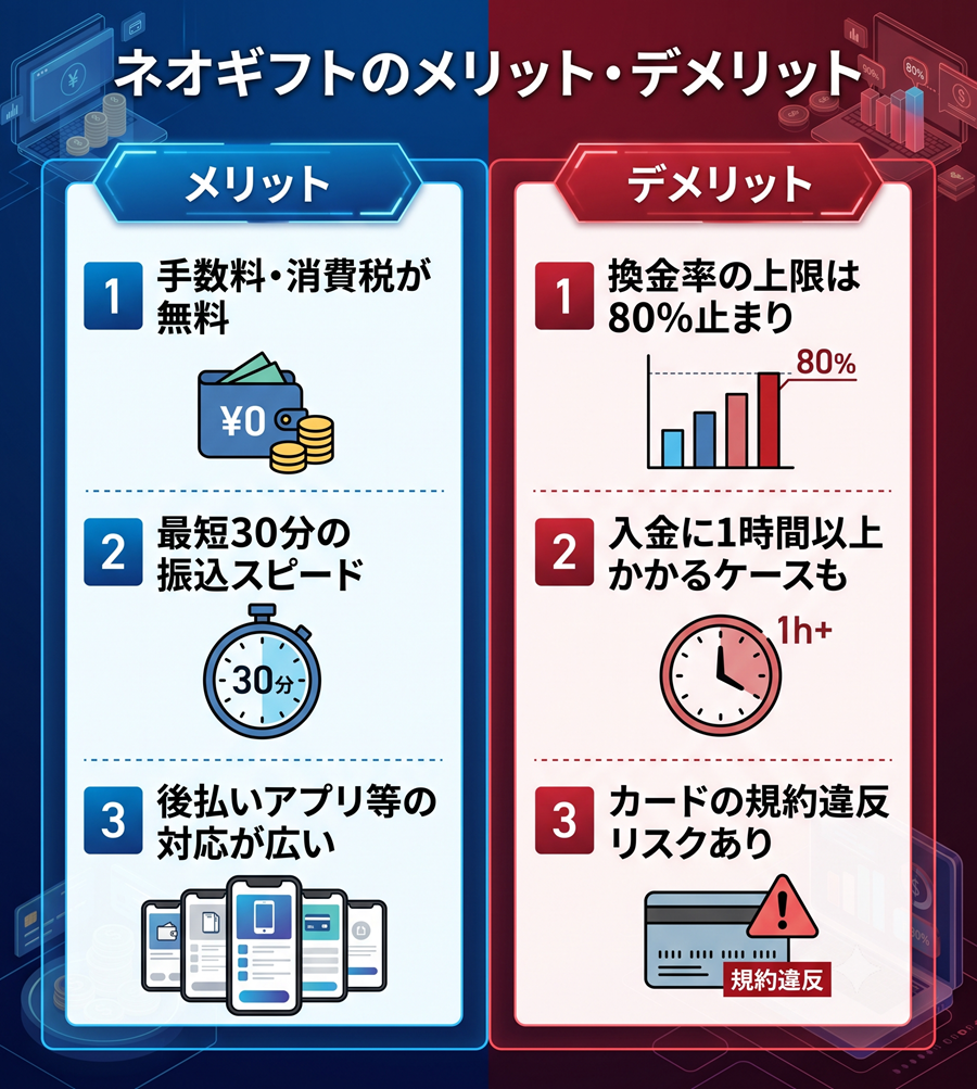 ネオギフトのメリットとデメリットを図解。手数料無料や広い対応範囲のメリットと、換金率上限や規約違反リスクのデメリットを対比して整理