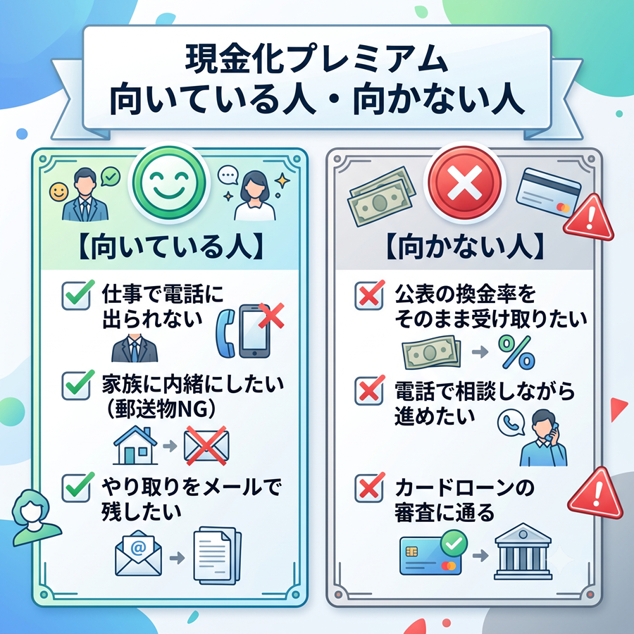 現金化プレミアムに向いている人と向かない人の条件を比較。電話や郵送物を避けたい人向けである一方、電話相談したい人には不向き