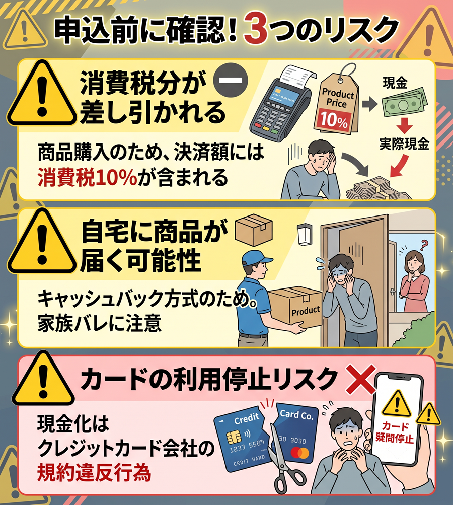 プライムウォレット利用前の注意点を図解。消費税の差し引き、商品発送による家族バレ、カード利用停止リスクを解説