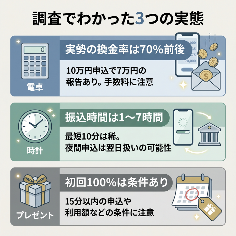 プライムウォレットの実態を図解。実勢換金率70%前後、振込時間1〜7時間、初回キャンペーンの条件について整理