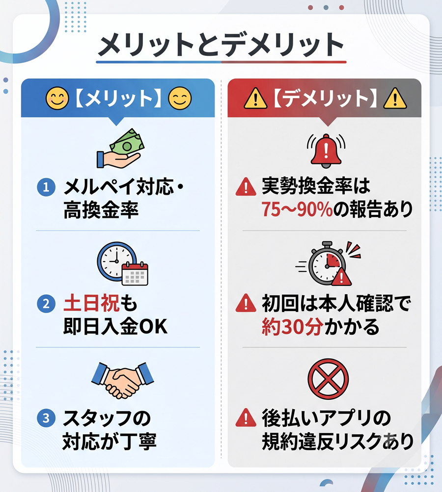 クイックマネープラスのメリットとデメリットを比較図解。土日祝対応などの利点と、実勢換金率や規約違反リスクなどの注意点を整理