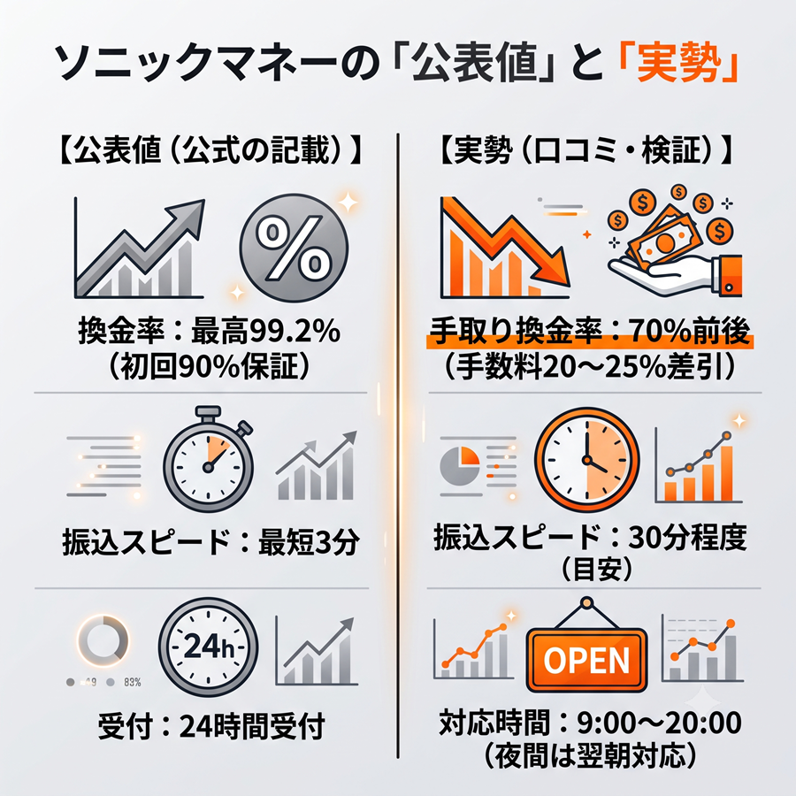 ソニックマネーの公表値と実勢の比較表。最高換金率や振込時間の公式記載と、実際の手取りや目安時間の違いを整理