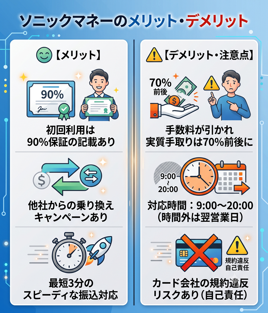 ソニックマネーのメリットとデメリットを図解。初回保証や乗り換え優遇などの利点と、実質換金率の低下や規約違反リスクなどの注意点を比較