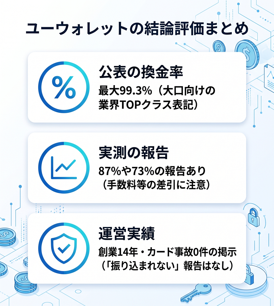 ユーウォレットの結論評価を図解。公表換金率と実測値の差、創業14年の実績を整理した内容