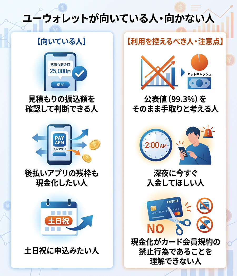 ユーウォレットが向いている人と向かない人を対比図解。見積り確認の重要性や規約リスクを整理
