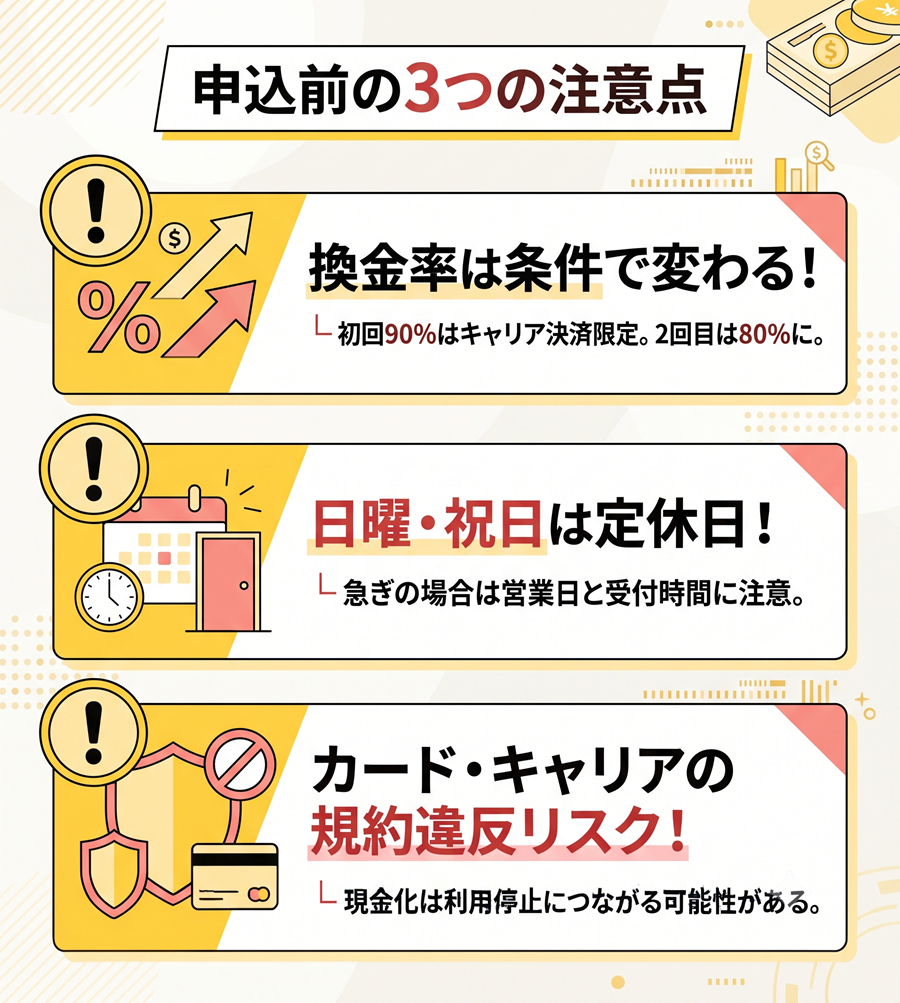 申込前に知るべき3つの注意点。換金率の変動、日曜祝日の定休、規約違反による利用停止リスクについて解説。