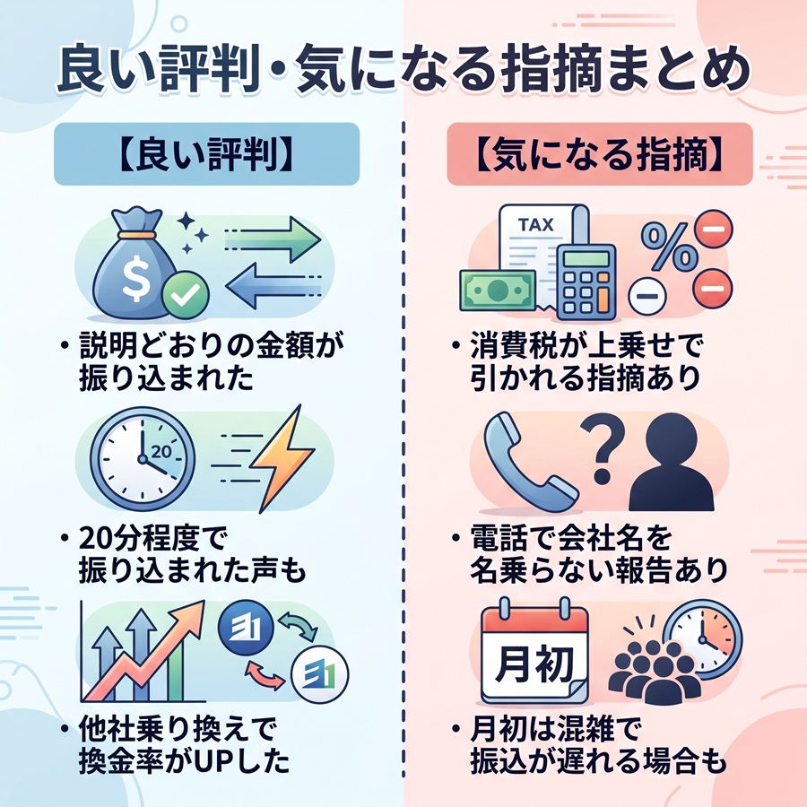 現金化アンサーの良い評判と気になる指摘の対比図。説明通りの金額やスピードの一方、消費税の差引や電話対応への指摘を整理