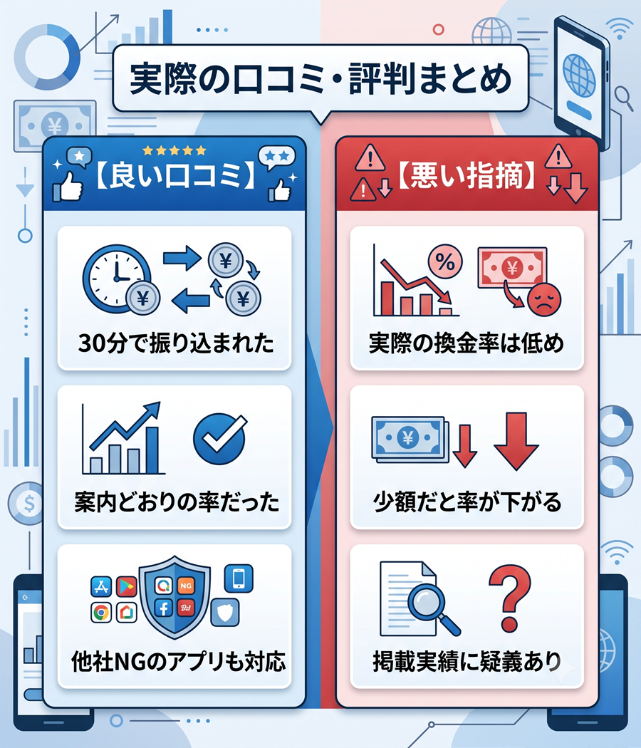 エニタイム現金化の良い口コミと悪い指摘の対比。振込スピードや対応アプリの広さに対し、少額時の率低下などの指摘を整理。