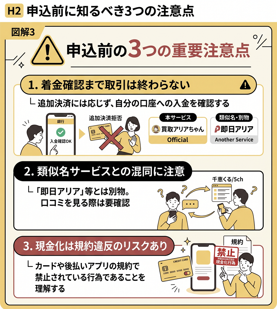 買取アリアちゃん申込前の3つの注意点を図解。着金確認の徹底、類似名サービスとの混同注意、現金化の規約違反リスクについて警告