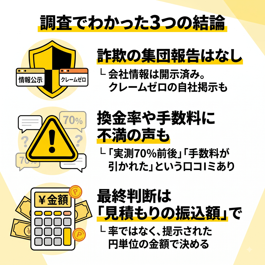 アトデ現金化の口コミ調査結論を図解。詐欺の集団報告は無いが換金率への不満もあり、見積もり額での判断を推奨する内容
