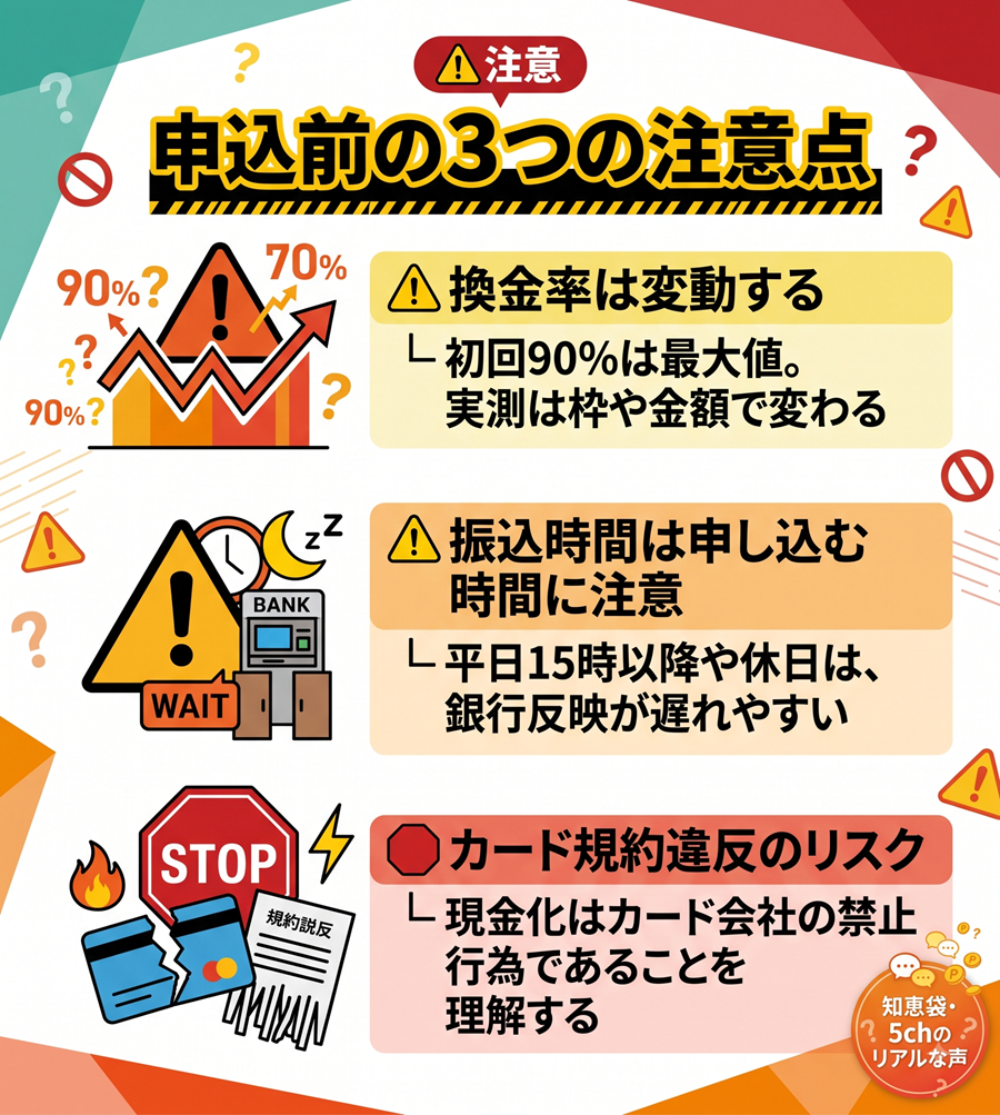 アトデ利用前の注意点まとめ。換金率の変動、振込時間の遅れ、カード規約違反のリスクについて警告する内容