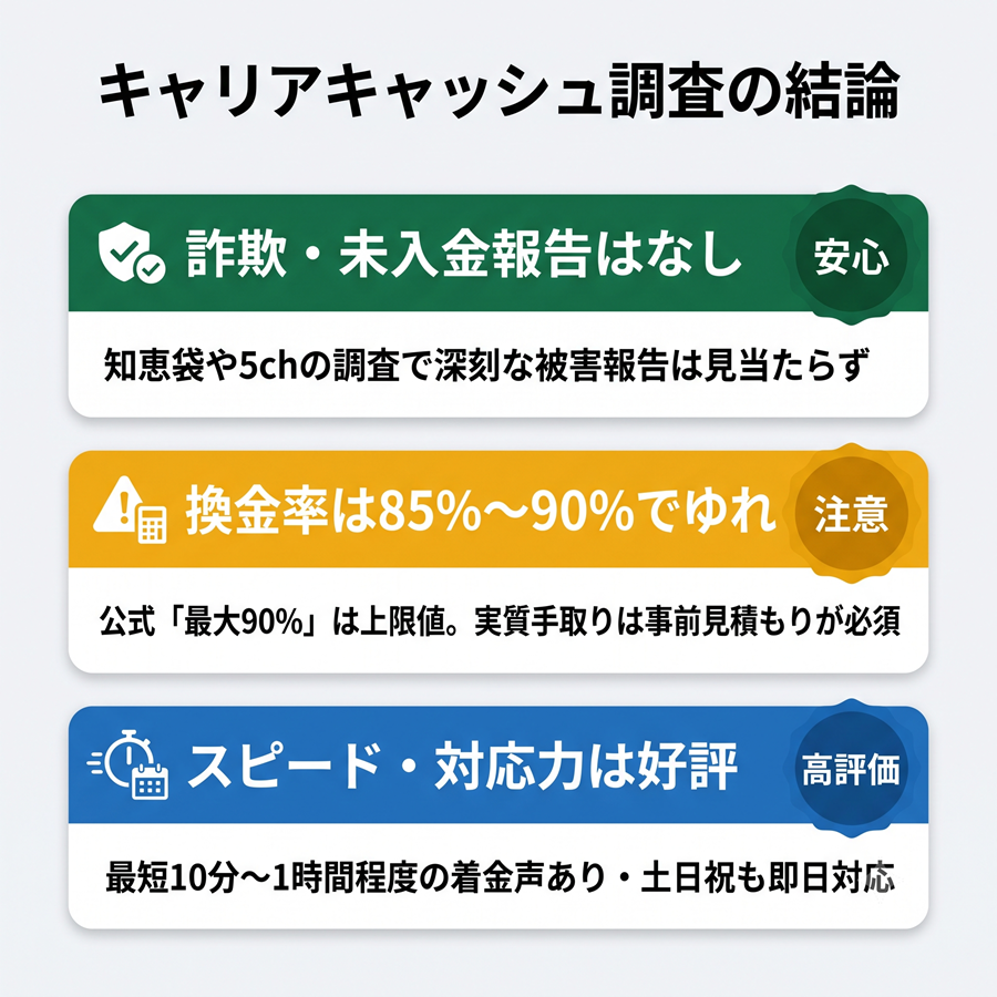 キャリアキャッシュの調査結論図解。詐欺報告なし、換金率は85〜90%で変動、スピード・土日対応は好評であることを解説