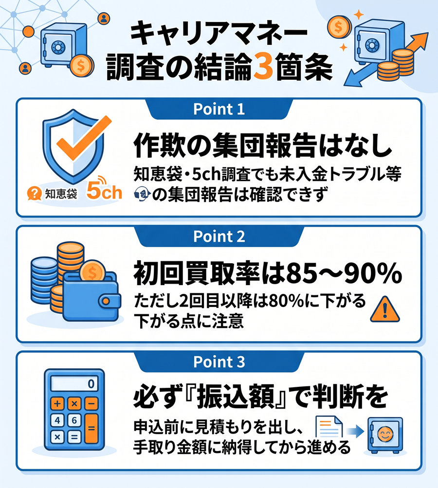キャリアマネーの調査の結論3箇条。詐欺の集団報告なし、初回買取率85〜90%、必ず振込額で判断することを図解。