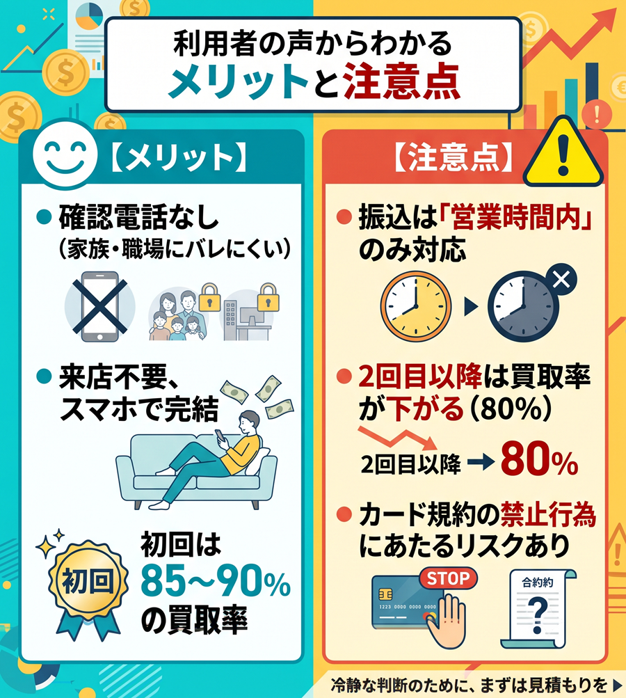キャリアマネーのメリットと注意点の比較図。確認電話なしやスマホ完結などのメリットと、営業時間や規約リスクなどの注意点を対比。