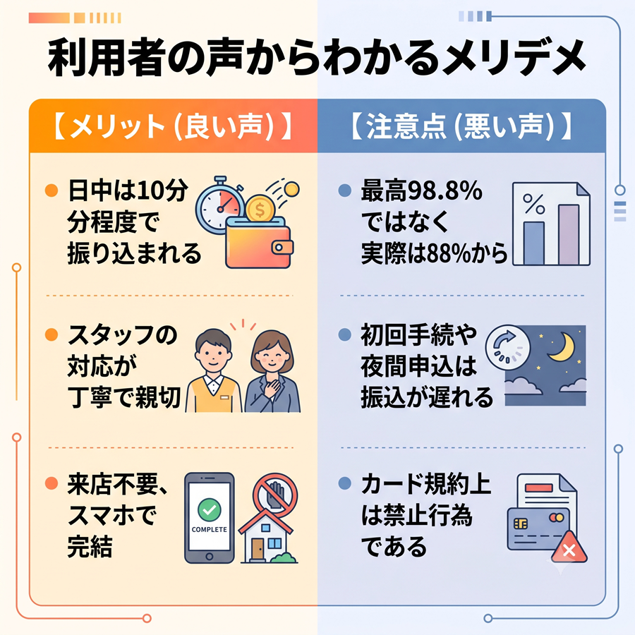 キャッシュラインの口コミからわかるメリットと注意点の対比図。振込速度やスタッフ対応の良さと、実際の換金率やカード規約上の注意点を比較