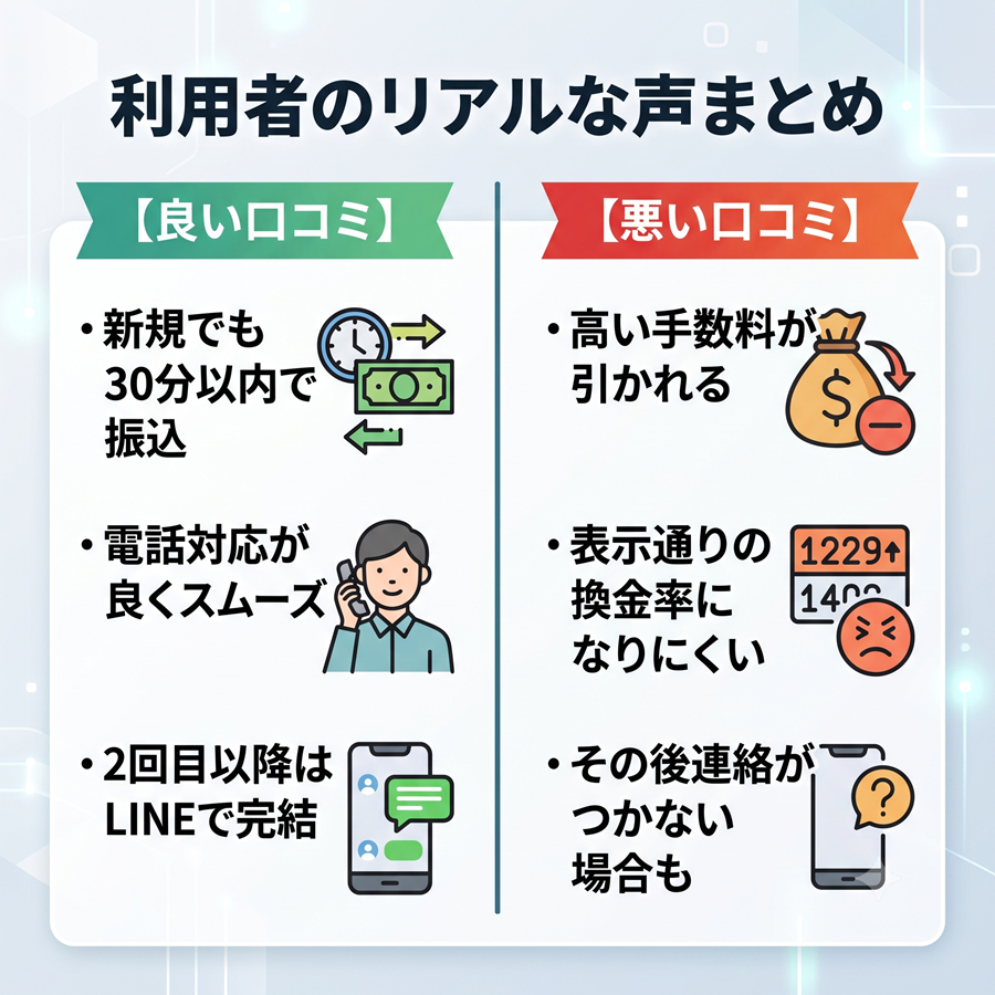キャッシュポケット利用者のリアルな声まとめ。振込スピードや対応の良さなどのメリットと、手数料や換金率に関するデメリットを比較