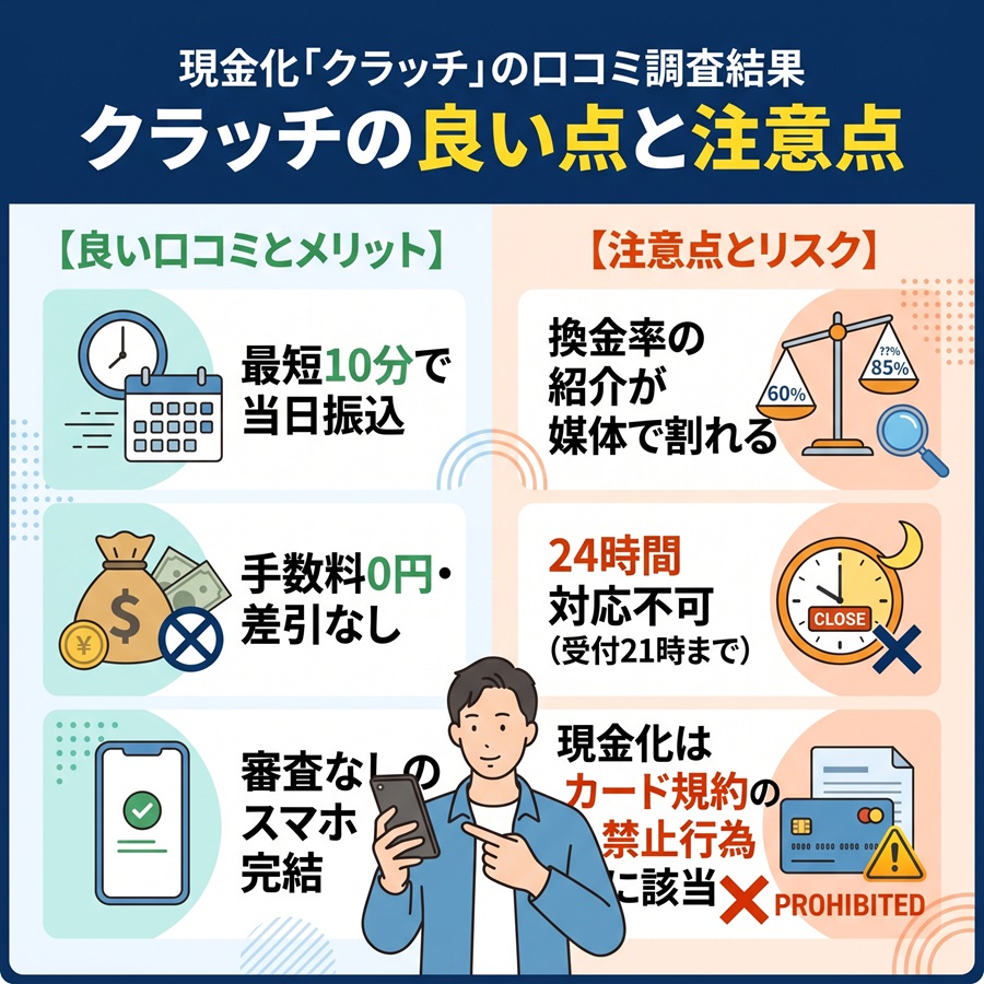 クラッチの良い点と注意点を比較。最短10分や手数料0円のメリットと、換金率の割れや受付時間、規約違反リスクなどの注意点を整理