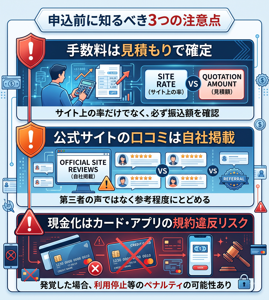 ココイー申込前の注意点。手数料の見積もり確認、公式口コミの性質、現金化の規約違反リスクについて解説