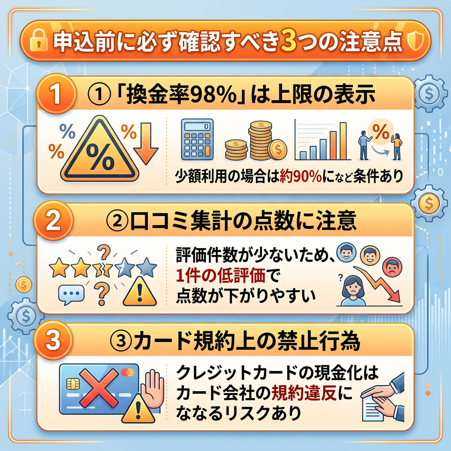 クレジットチェンジ申込前の注意点3つを図解。換金率98%は上限であること、口コミ点数のブレ、カード規約違反リスクについて整理