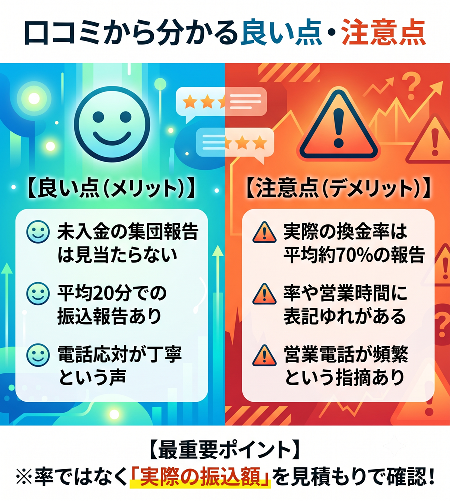 イージーサポートの口コミから分かる良い点と注意点の比較図。振込速度や電話対応の良さと、実換金率や営業電話の懸念点を整理。