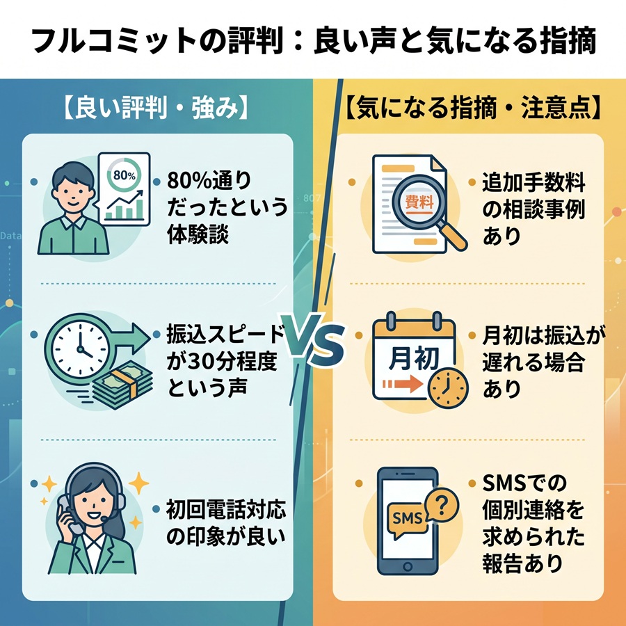フルコミットの良い評判と気になる指摘を対比。換金率通りや振込の早さといった良い声に対し、追加手数料や振込遅延、個別連絡の報告といった注意点を整理