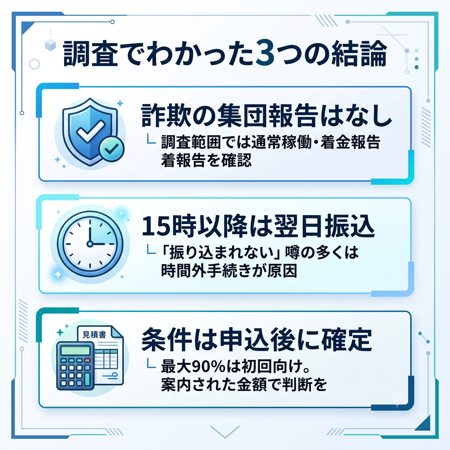 買取ガンジーの調査結論3つを図解。詐欺の集団報告なし、15時以降は翌日振込、条件は申込後に確定することを整理