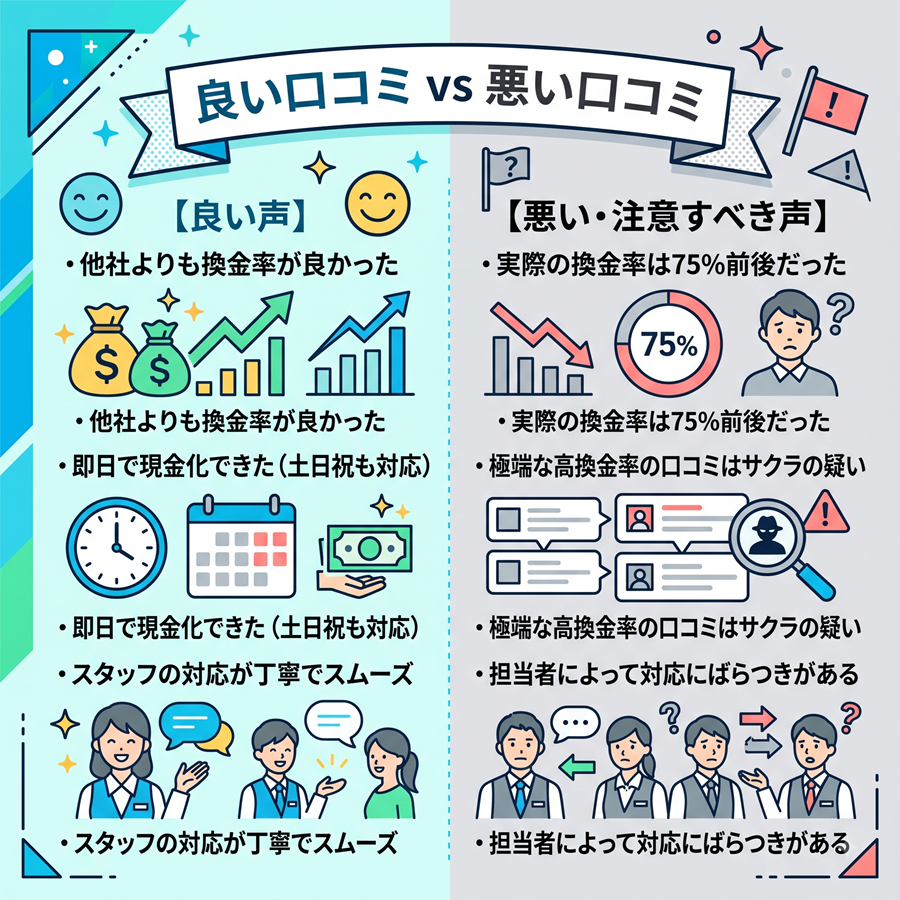 ギフトキャッシュの良い口コミと悪い口コミを比較。換金率の良さや即日対応などのメリットと、実際の換金率の低さや対応のばらつきなどのデメリットを対比