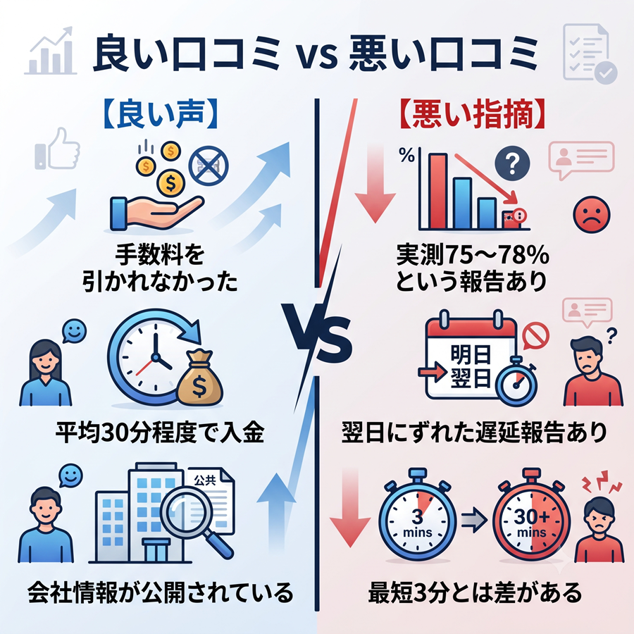 GOGOマッハの良い口コミと悪い口コミの比較図。手数料や入金速度の良い評価と、実際の換金率や遅延などの悪い指摘を対比