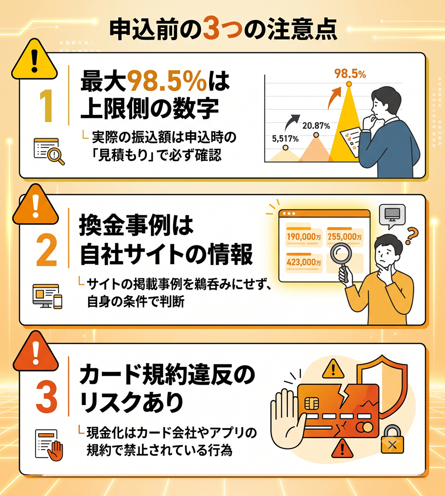 GOGOマッハ申込前の注意点を図解。最大98.5%は上限であること、自社掲載情報の取扱、カード規約違反のリスクについて