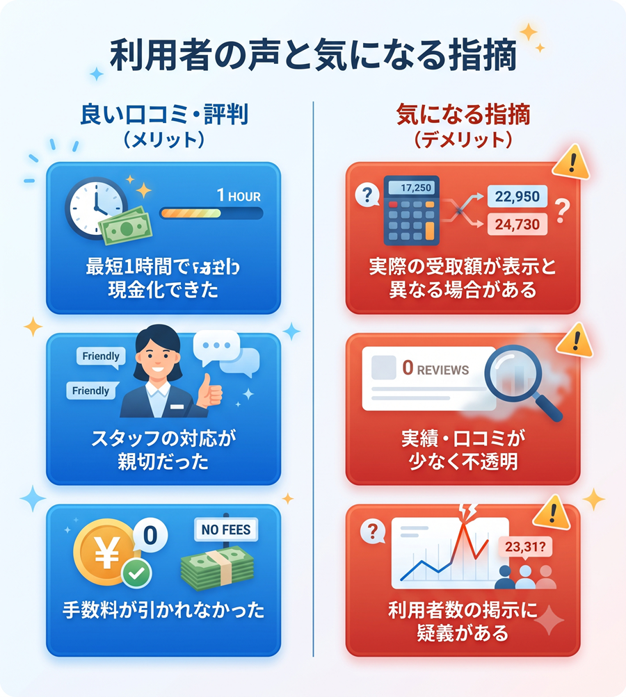 アイキャッシュの良い口コミと悪い指摘の対比図。入金スピードや対応の良さと、実績の不透明さなどの懸念点を比較