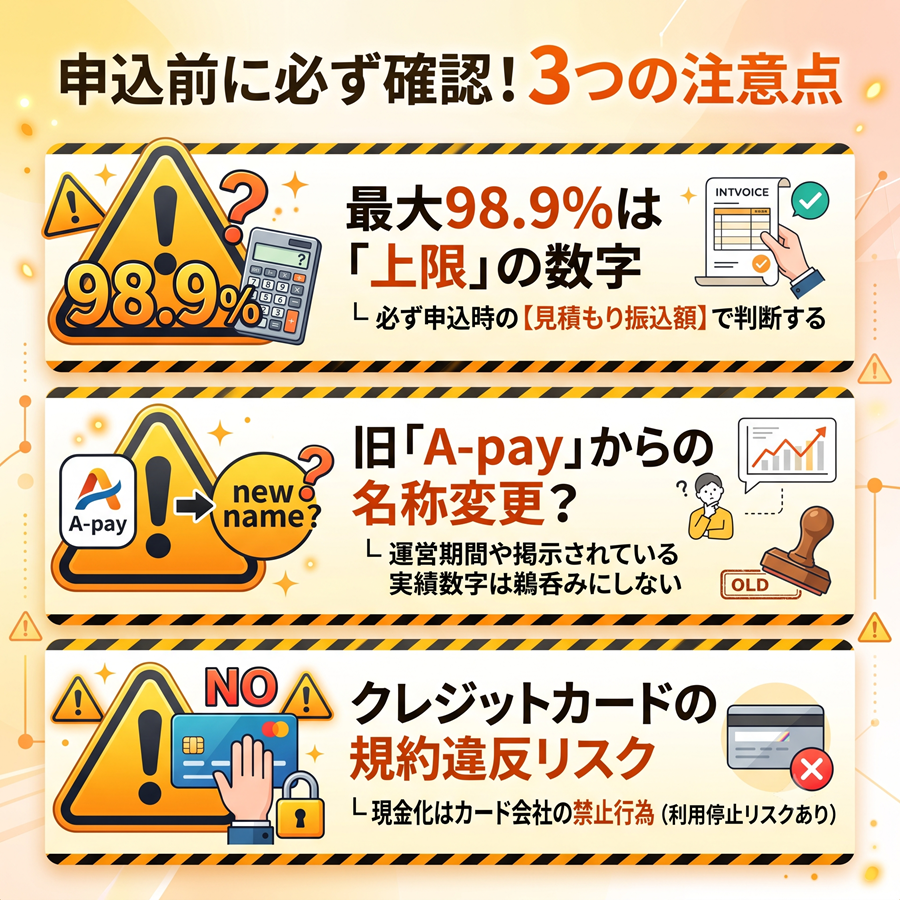 アイキャッシュ利用前の注意点3つを図解。上限表示の注意、旧サービス名からの変更、カード規約違反のリスクについて