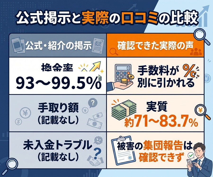 公式掲示と実際の口コミの比較表。換金率、実質の手取り額、未入金トラブルの有無を整理