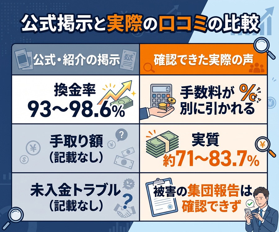 公式掲示と実際の口コミの比較表。換金率、実質の手取り額、未入金トラブルの有無を整理