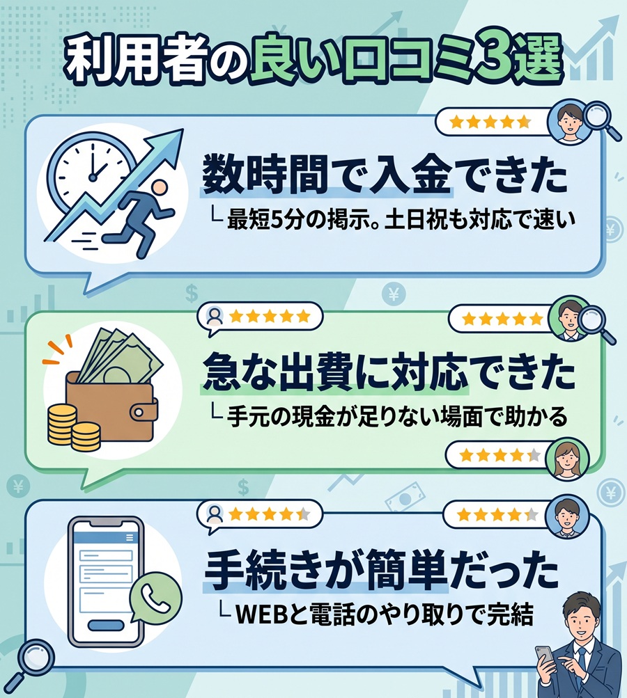 利用者の良い口コミ3選を図解。数時間での入金、急な出費への対応、簡単な手続きについてアイコン付きで解説