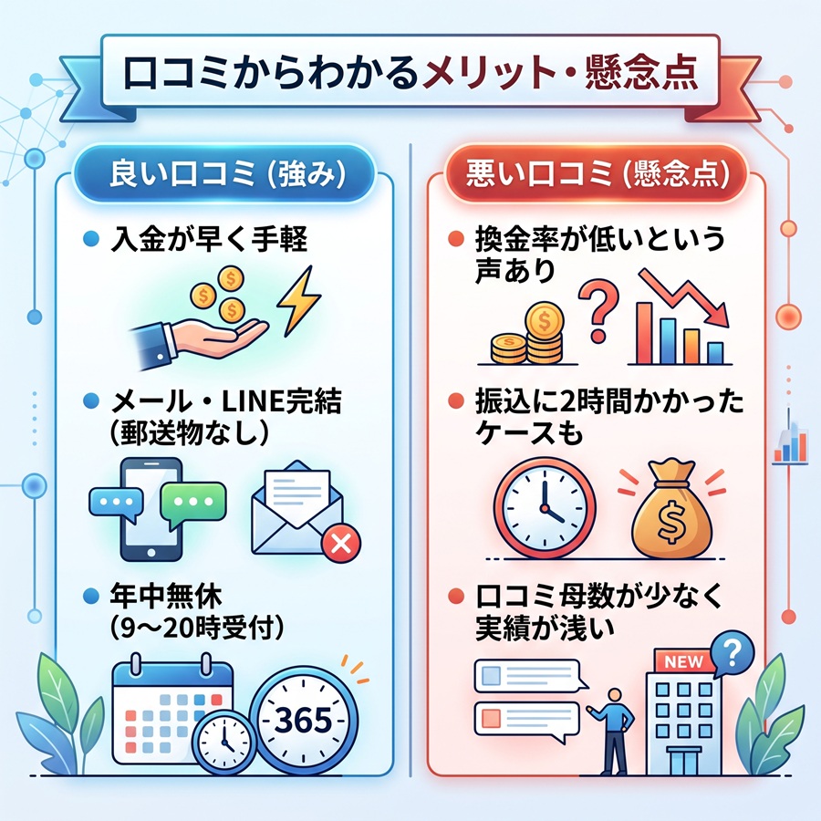 尽力ギフトの口コミ対比図。入金の早さやWEB完結などの強みと、換金率の低さや口コミの少なさなどの懸念点を比較