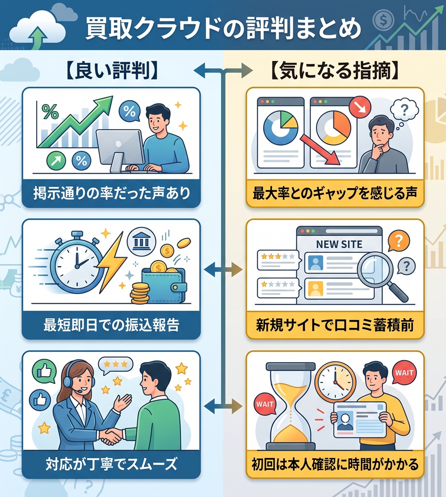 買取クラウドの良い評判と気になる指摘の比較。率やスピードの評価と、新規サイトゆえの懸念点を対比