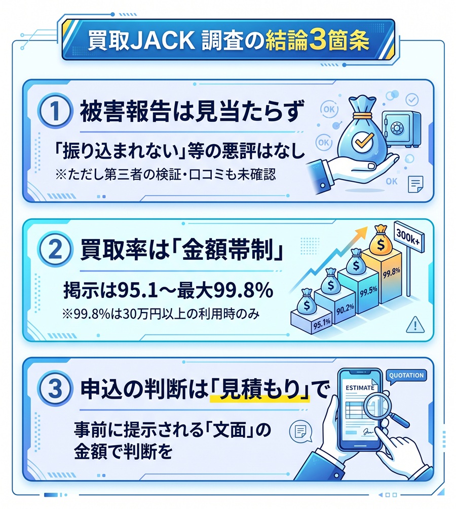 買取JACKの調査の結論3箇条を図解。被害報告は見当たらない点、買取率は金額帯制である点、申込の判断は見積もりで行う点を整理
